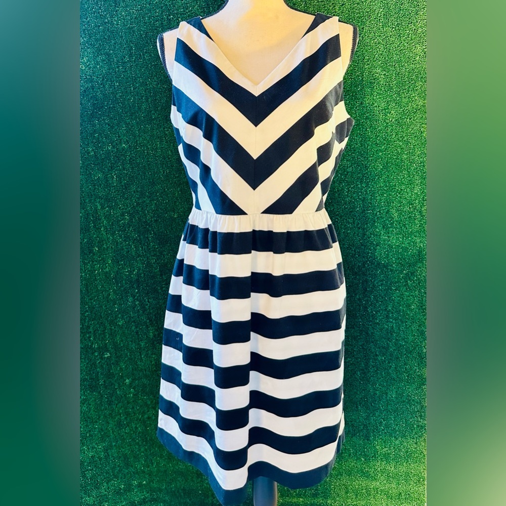 Ann Taylor Loft Dress, 10P Brand New w/o Tags, Chevron Navy Blue & White